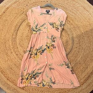 Angie Peach-Pink Floral Midi Dress with Button Front